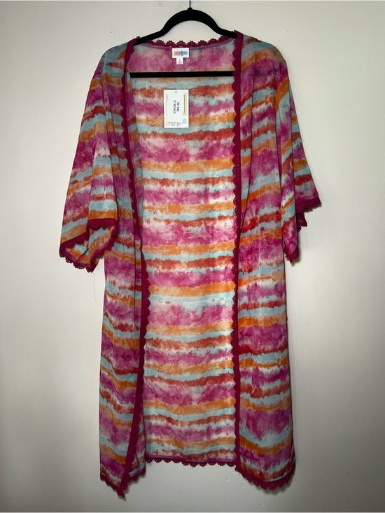 LuLaRoe Tops - LuLaRoe Pink, Orangey & Light Blue Watercolor Striped Bohemian Overlay